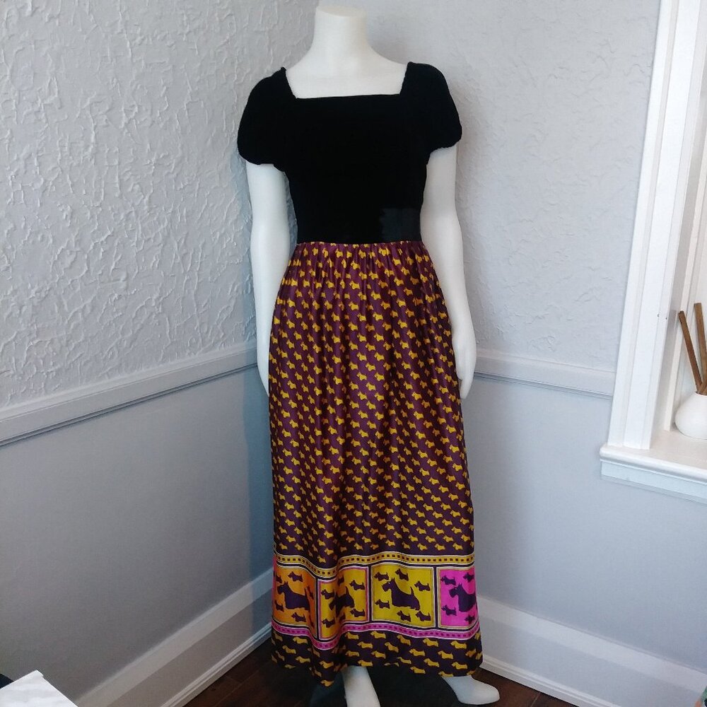 Vintage 60's 70's Maxi Dress by The House of Nu-Mode - black velvet top bodice